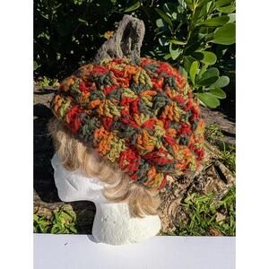 Hand Crocheted Slouchy Beanie Hat Earth Tone Variegated Yarn Boho Fall Winter